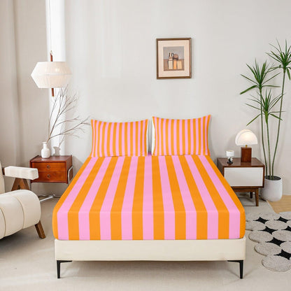 Kids Pink Orange Bedding Twin Size Abstract Fitted Sheet with 1 Pillowcases for Boys Girls Teens Bedroom Decor Stripes Bed Sheets Set 16" Deep Pocket Breathable Soft Microfiber Women Men Geometric