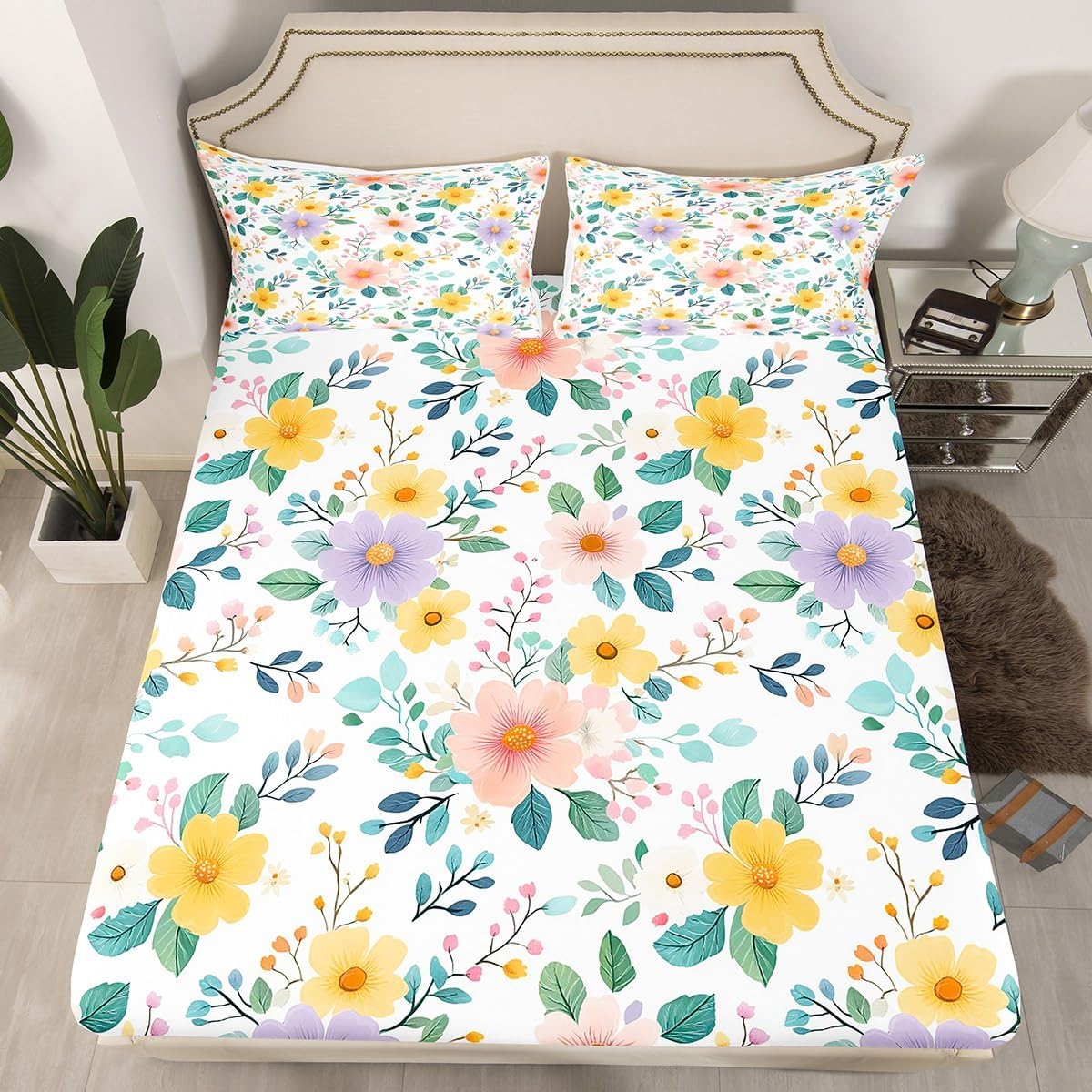 Erosebridal Floral Bed Sheets Set Full Peach Blossom Sheet Set Colorful Flowers Hand Drawn Sheets Pink Black Botanical Flat Fitted Sheet