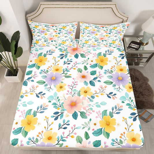 Erosebridal Floral Fitted Sheet Twin Size Peach Blossom Bed Sheets Colorful Flowers Hand Drawn Bedding Set for Kids Girls Women Pink Black Botanical Sheets