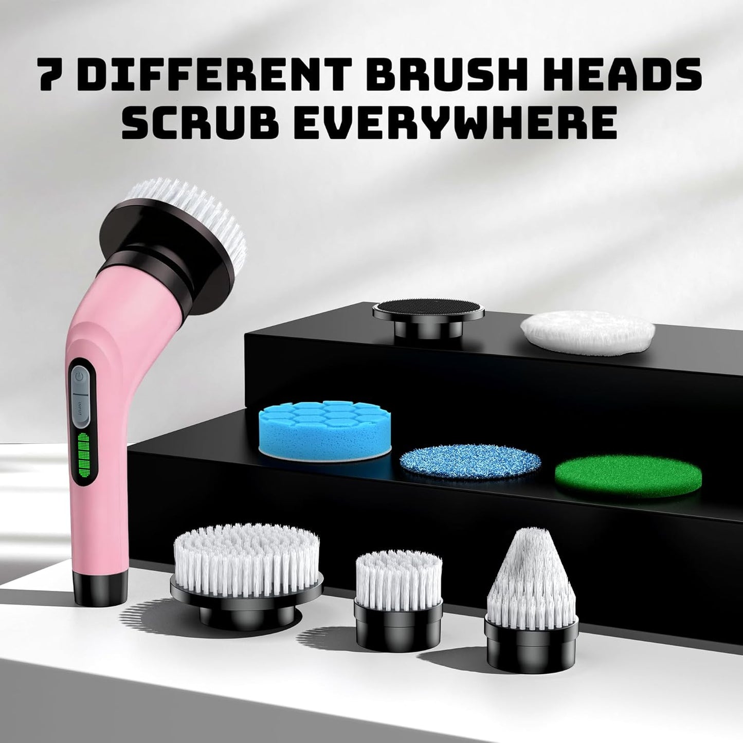 Electric Spin Scrubber - Cordless Bathroom Scrubber with 7 Brush Heads - Dual Speed IPX7 Waterproof Power Scrubber for Heavy-Duty Bathtub, Glass, Tile, and Car Cleaning (Pink)