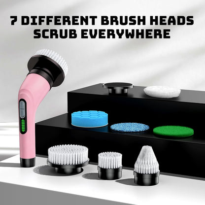 Electric Spin Scrubber - Cordless Bathroom Scrubber with 7 Brush Heads - Dual Speed IPX7 Waterproof Power Scrubber for Heavy-Duty Bathtub, Glass, Tile, and Car Cleaning (Pink)