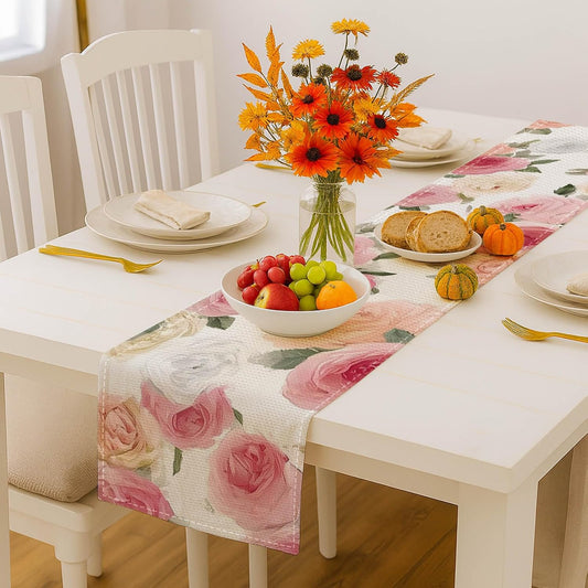 HOMETITUTE Pink Rose Floral Table Runner 13x72 Inch Burlap Farmhouse Dining Table Decor Pattern on Light Background Kitchen and Home Decoration for Spring Summer Gatherings