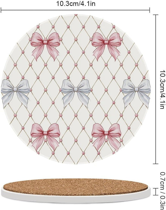 Pastel Pink and Light Blue Ribbon Bows Trellis Ceramic Coasters Set of 4 with Cork Back Absorbent Drink Coasters