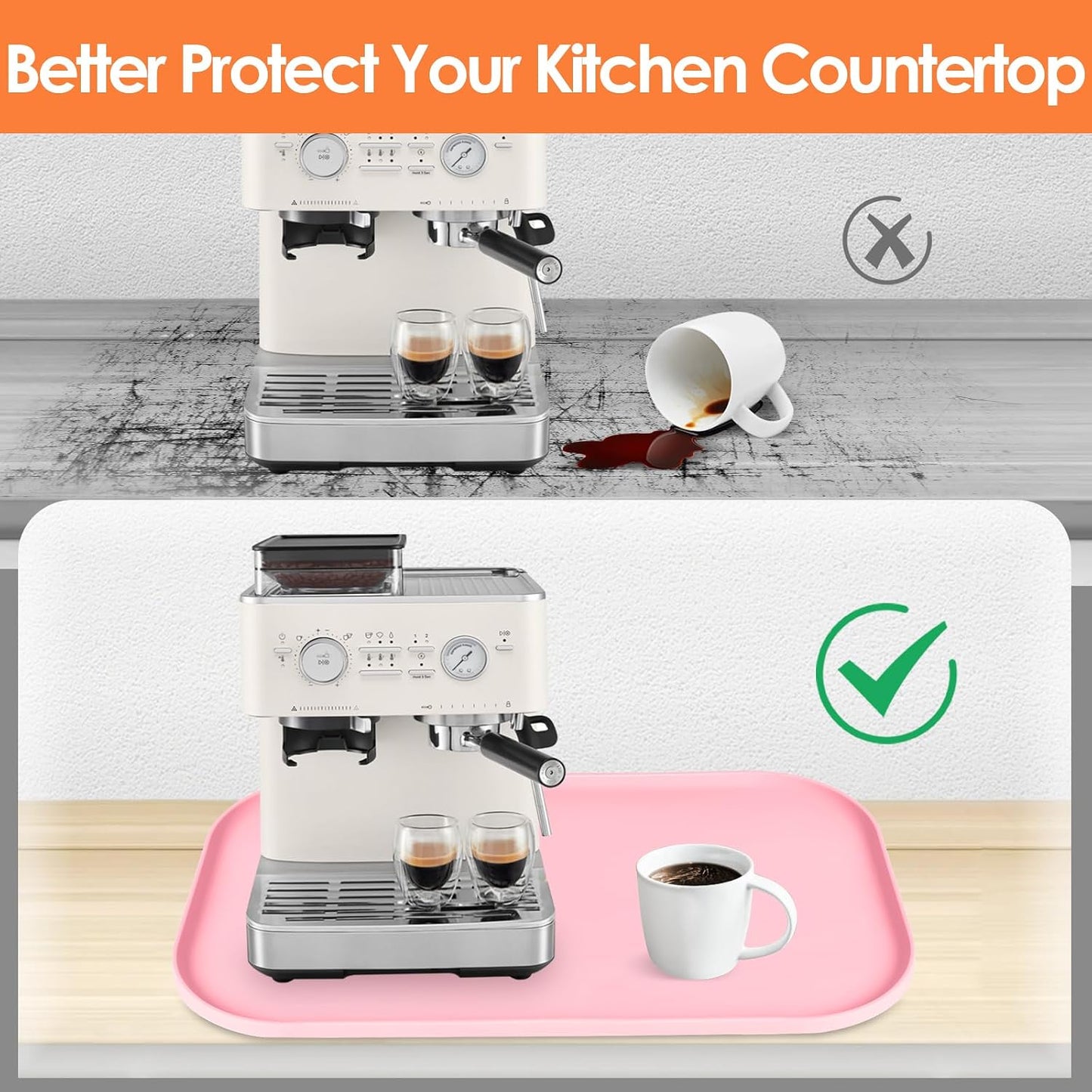 TOHONFOO Silicone Coffee Maker Mat with Lip, 24'' x 16'' Heavy Duty Coffee Maker Mat for Countertops, Coffee Tray Fit Under Coffee Machine Appliance Automatic Machines Espresso Accessory, Pink