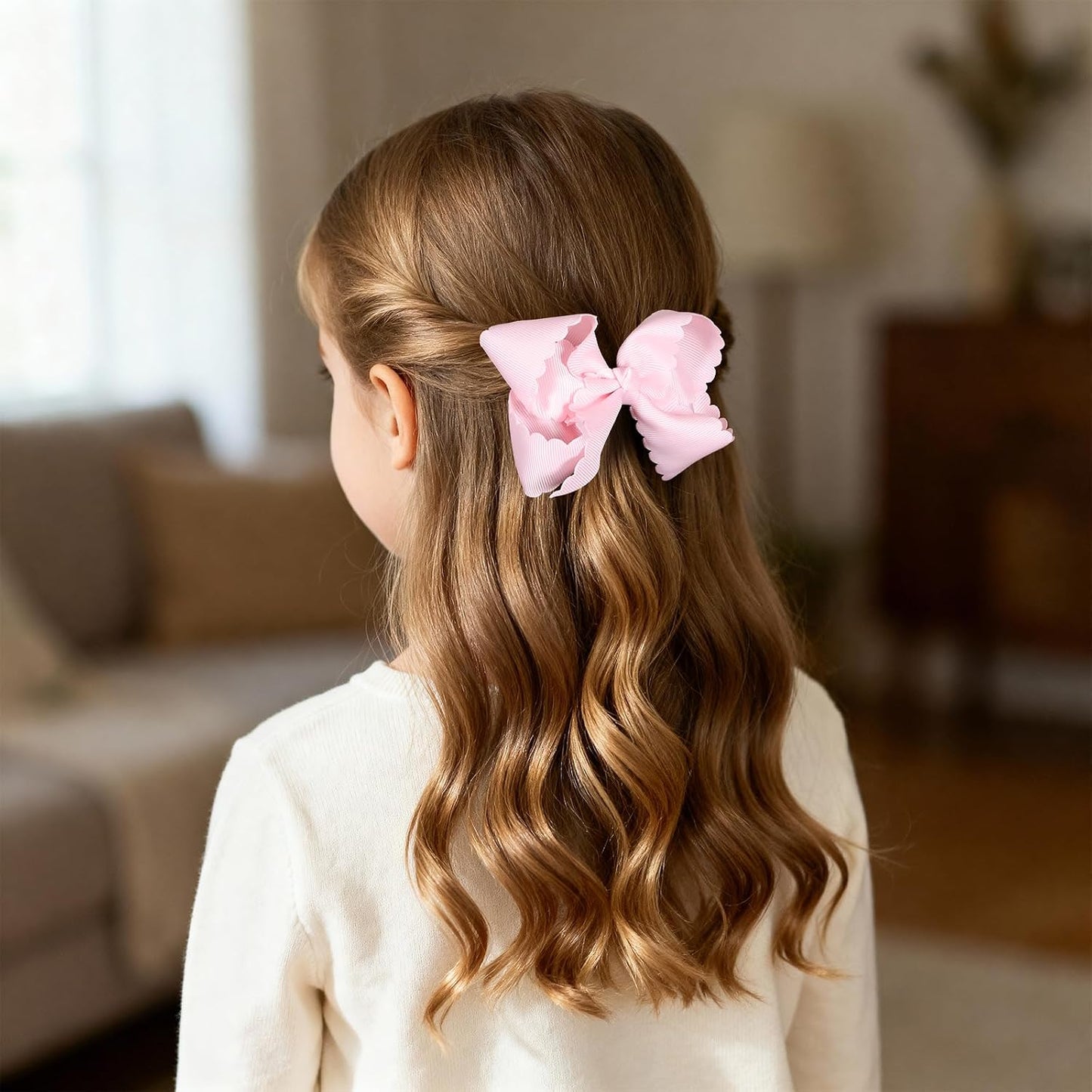 Pink Grosgrain Ribbon Hair Bow with Scalloped Edges for Girls,4" Handmade Everyday Dressy Hair Bow Clips Valentines Wedding Birthday Dress Accessories Gift for Toddlers Teens Women