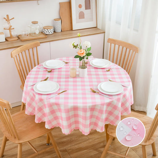 MANGATA CASA Pink Gingham Round Tablecloth-Checkered Table Cloth Waterproof Kitchen & Table Linens-Polyester Buffalo Plaid Wrinkle Free Table Cover(Baby Pink 60R inch)