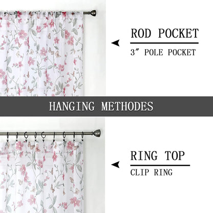 Tollpiz Sheer Floral Curtain Valance Pink Flower Butterfly Printed Bedroom Curtain Valances Rod Pocket Voile Faux Linen Window Valance Curtains for Living Room, 54 x 16 inches Long, Set of 1 Panel