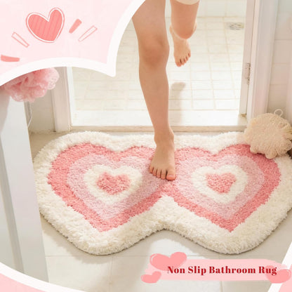 Pink Heart Shaped Bath Mat, Irregular Love Design Fluffy Bathroom Rug, Washable Absorbent Quick Dry Floor Carpet, Bath Mats for Bedroom Bathtub Living Room, Valentine's Day Gifts, 20*31 inches (Pink)