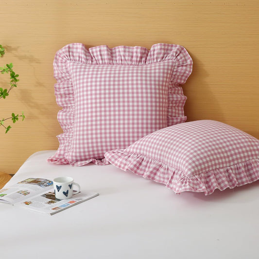 Silnuo 2 Pack Vintage Pink/White Plaid Ruffle Throw Pillow Covers,100% Washed Cotton Farmhouse Gingham Decorative Pillow Shams Checkered Pillowcases 20" x 20" for Bed,Sofa，Living Room