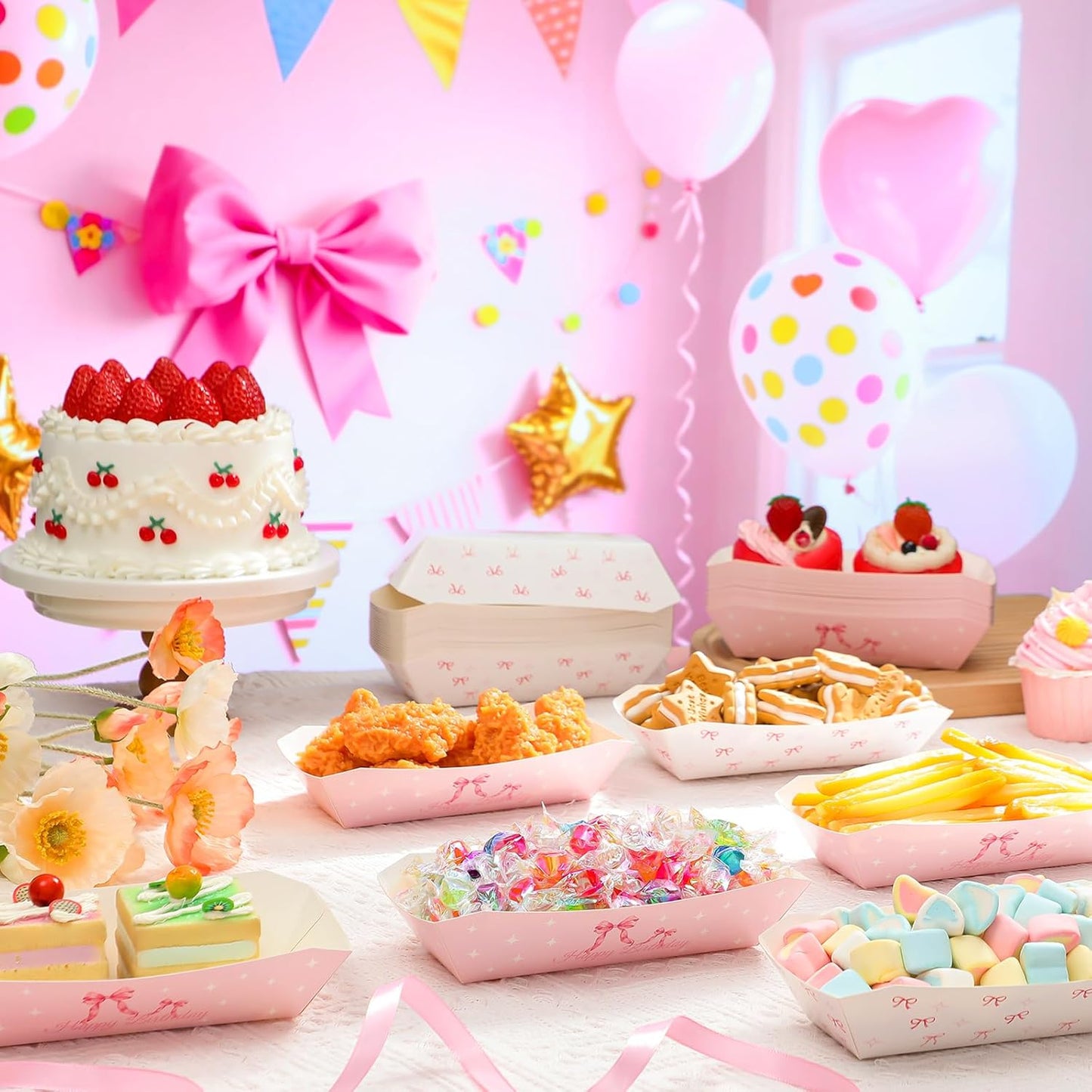 Blushtier 7" Pink Bow Paper Hot Dog Trays Pink Bow Disposable Paper Food Nacho Boats Hot Dog Holders Plates Disposable Serving Trays for Coquette Birthday Party,Carnivals,Dinners,Cookouts