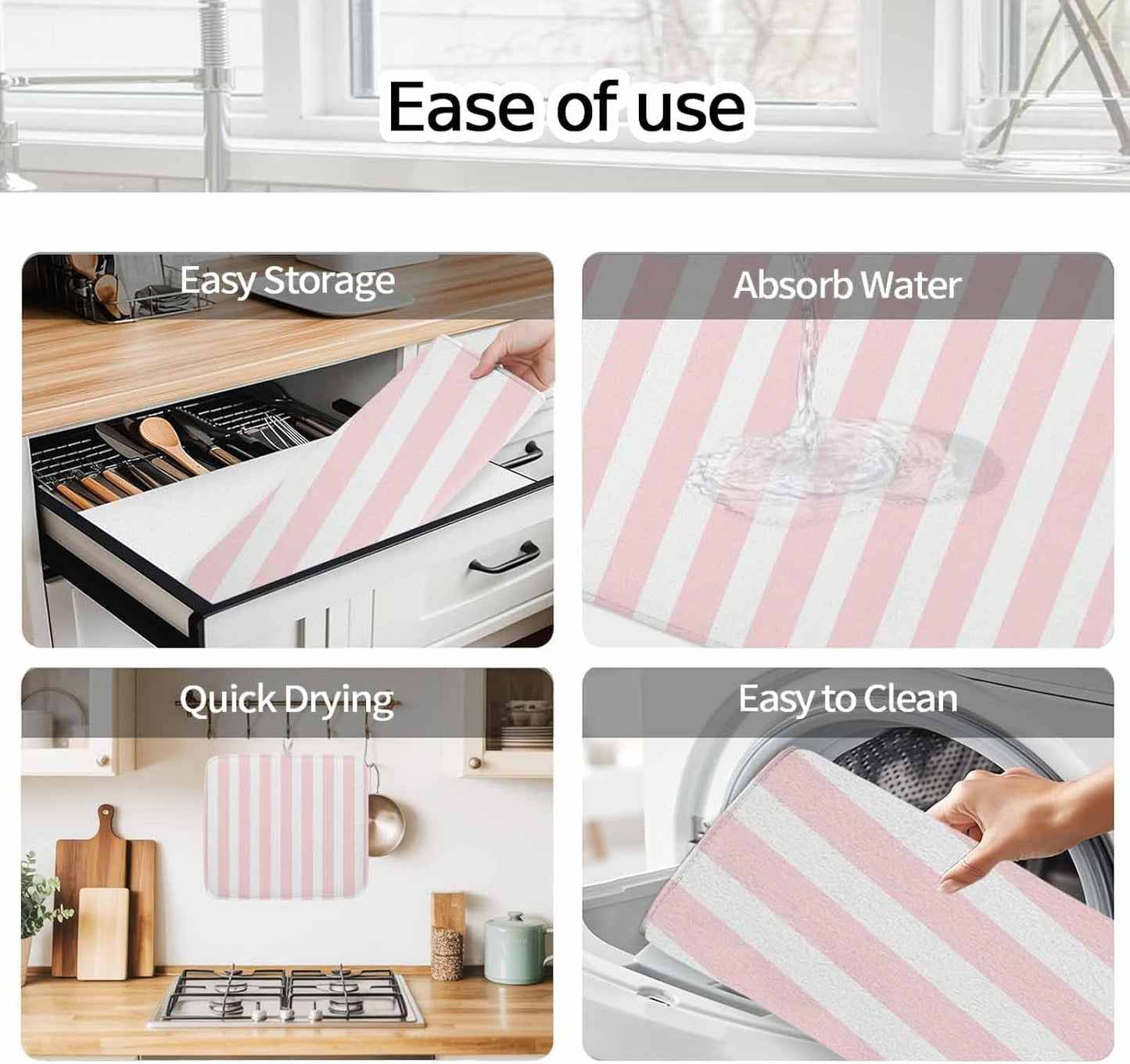 Dish Drying Mat Pink Stripes Kitchen Counter Drying Pad for Dishes Glasses Cups and Cookware Pink White Vertical Striped Absorbent Dish Drying Mat Machine Washable Kitchen Accessories 2 Pack 18" x 24"