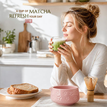 8 Pcs Matcha Whisk Set: Matcha Bowl, Whisk and Holder, Cleaning Brush, Bamboo Scoop, 304 Sifter, Tool Holder, Tea Mat – Matcha Set Kit Gifts for Women, Mom, Valentines Day (Pink)