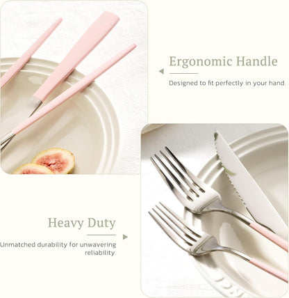 Astercook 25-Pieces Silverware Set with Steak Knives for 4 - Great Food-Grade Stainless Steel Flatware Set, Mirror-polished Cutlery Utensil Sets, Ideal for Home Restaurant & Banquet Use, Pink