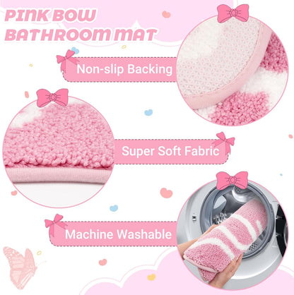 Bathroom Rugs - Pink Bow Bath Rug, Machine Washable Bath Mat, Decorative Pink Carpet for Girls Bedroom, Bathroom & Kids Room (2'1"×1‘4“)