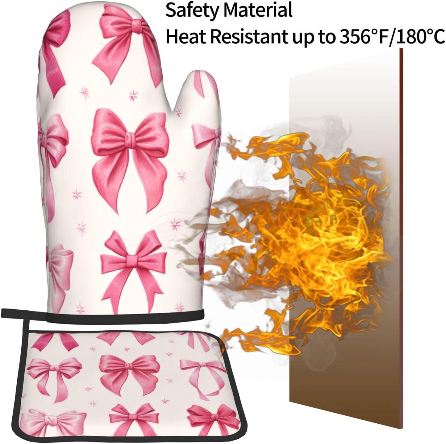 Light Pink Bows in Three Rows Oven Mitts and Pot Holders Sets,Heat Resistant Potholder Kitchen Decor for Cooking Baking BBQ, Oven Glove Set