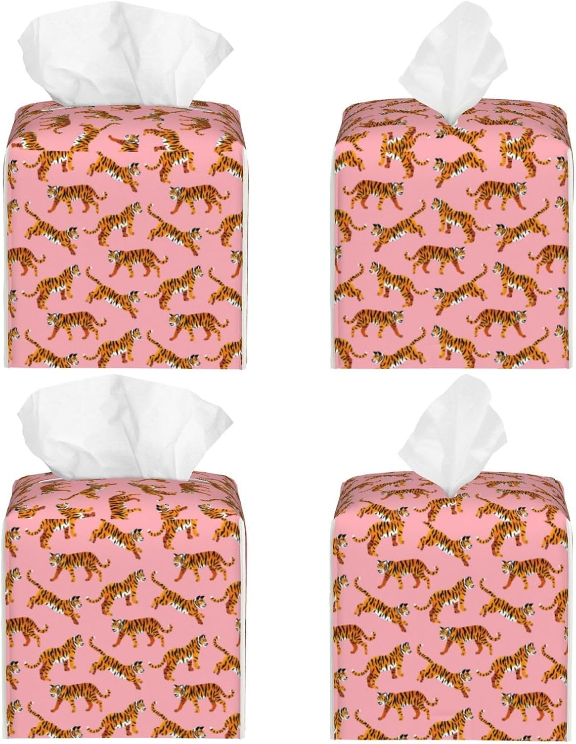 Pink Tigers Tissue Box Cover Square Pu Leather Tissue Holder Facial Tissue Case Facial Paper Organizer Dispenser for Home Bedroom Dresser Night Stand Office Desk Car