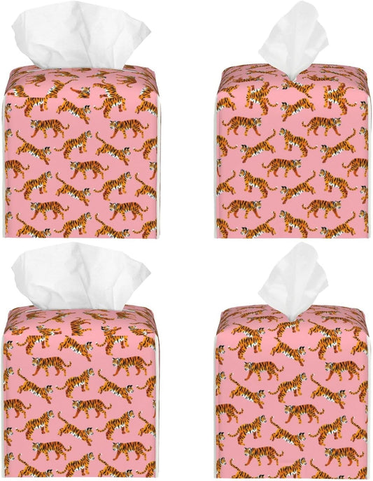 Pink Tigers Tissue Box Cover Square Pu Leather Tissue Holder Facial Tissue Case Facial Paper Organizer Dispenser for Home Bedroom Dresser Night Stand Office Desk Car