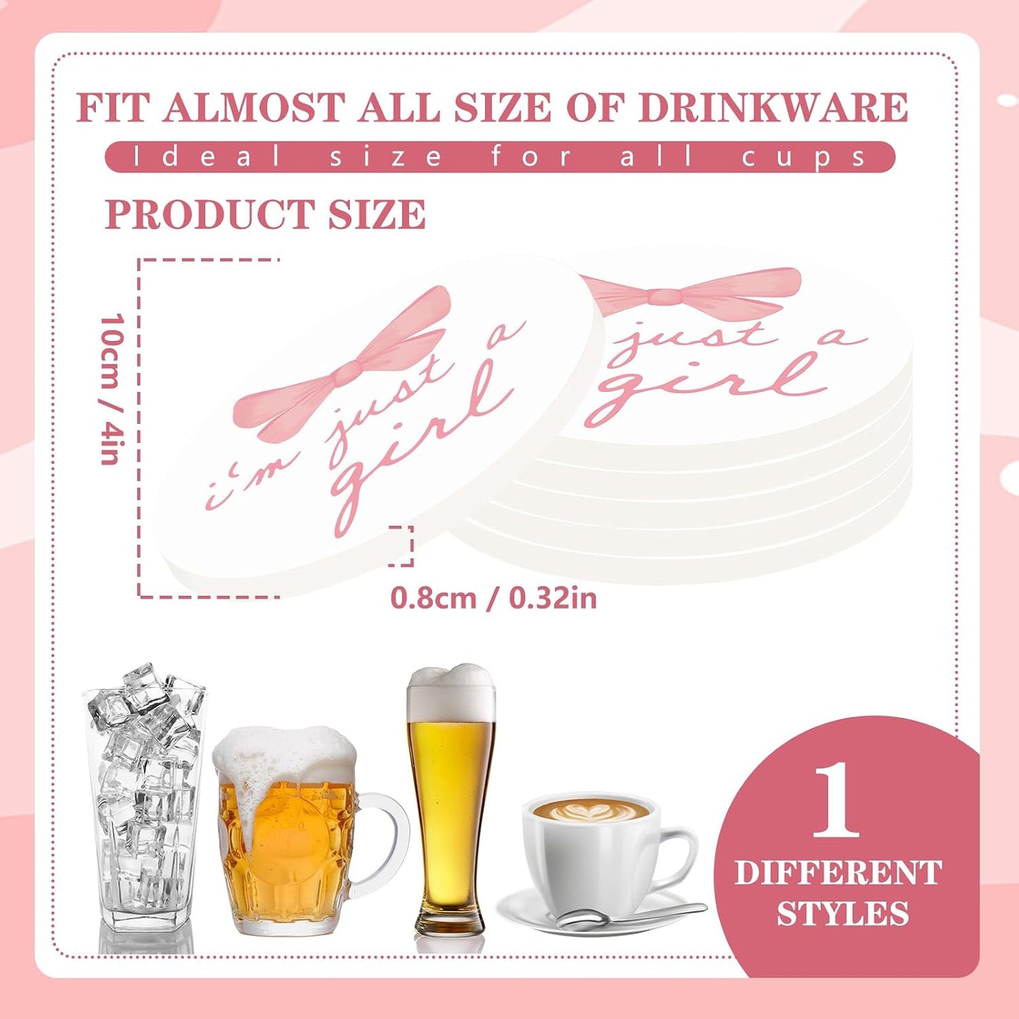FYSUIMU 4Pcs Pink Bow Coasters Coquette Bow Girly Ceramic Drink Coaster Cute Bowknots Round Mug Coaster Gender Reveal Baby Shower Cup Mat for Kitchen Home Office Party Table Decor