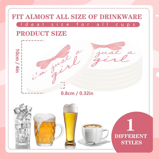 FYSUIMU 4Pcs Pink Bow Coasters Coquette Bow Girly Ceramic Drink Coaster Cute Bowknots Round Mug Coaster Gender Reveal Baby Shower Cup Mat for Kitchen Home Office Party Table Decor