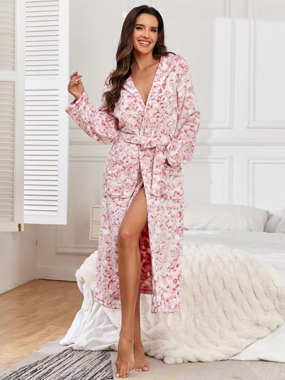 RONGTAI Womens Robes Plush Fleece Hooded Bathrobe Thick Nightgown with Pockets Fluffy Sleepwear (US, Alpha, XX-Large, Plus, Long, Pink Leopard)