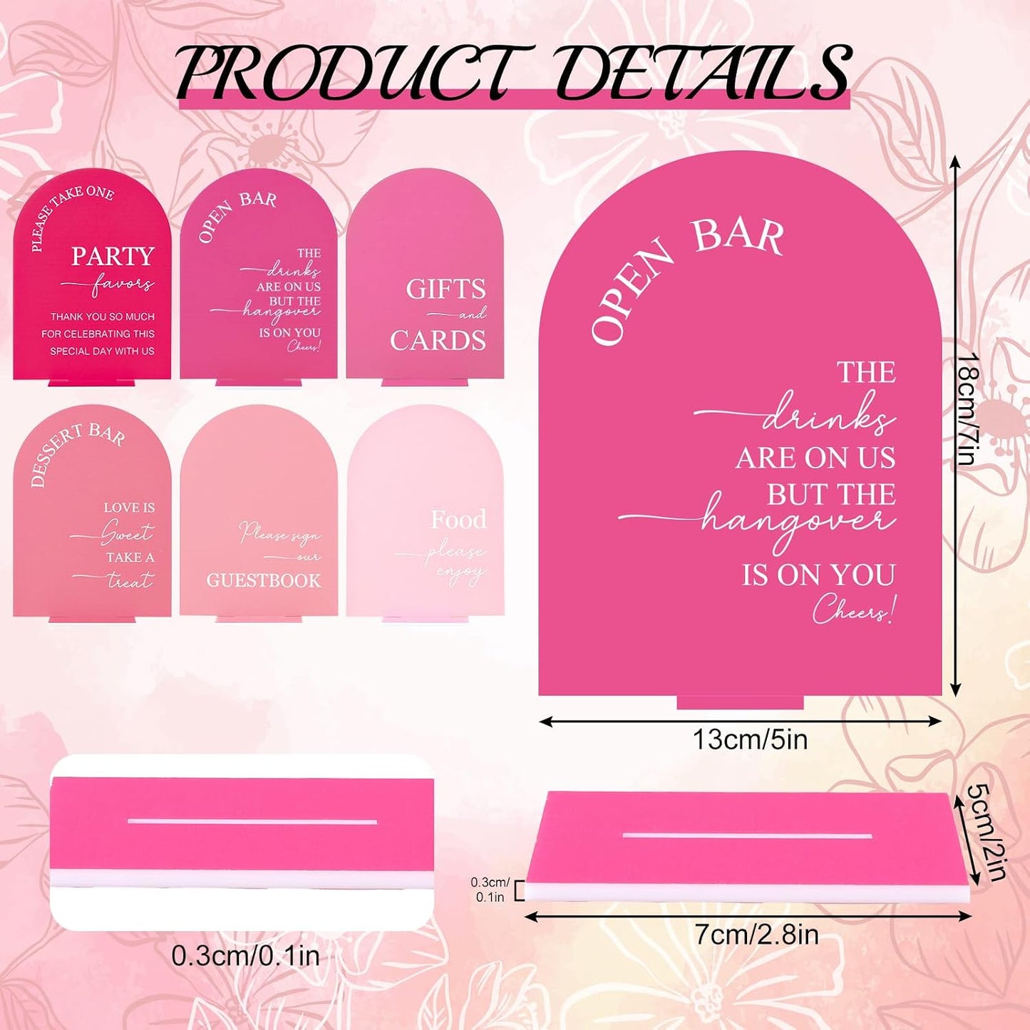 Whaline 6 Pcs Acrylic Wedding Signs 5x7" Pink Arched Table Signs with Stands for Wedding Ceremony Reception Open Bar Guest Book Dessert Bar Gifts & Cards Party Favors Food Sign