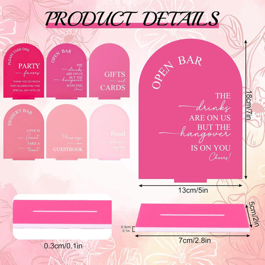Whaline 6 Pcs Acrylic Wedding Signs 5x7" Pink Arched Table Signs with Stands for Wedding Ceremony Reception Open Bar Guest Book Dessert Bar Gifts & Cards Party Favors Food Sign