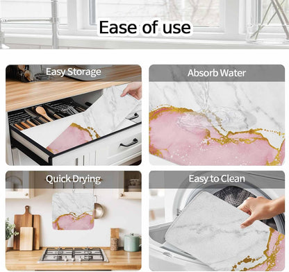 Dish Drying Mat for Kitchen Counter, Modern White Pink Marble Texture Absorbent Dish Mats Foldable Microfiber Drainer Pad 1PCS 18"x16", Classic Stone Artwork Plate Holder Mat for Countertop Sink