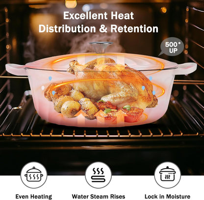 Enameled Dutch Oven Pot with Lid, 7 QT Cast Iron Dutch Oven with Dual Handles, Oval Dutch Oven for Cooking, Bread Baking, Frying, Non-stick Enamel Coated Oven (Gradient Pink)
