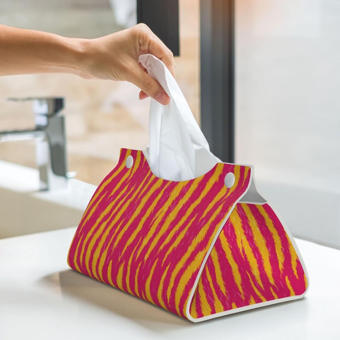 Neon Pink and Yellow Tiger Stripe Pattern Tissue Box Cover Rectangle Pu Leather Tissue Box Holder for Car Bathroom Bedroom Desk Tabletop Decor
