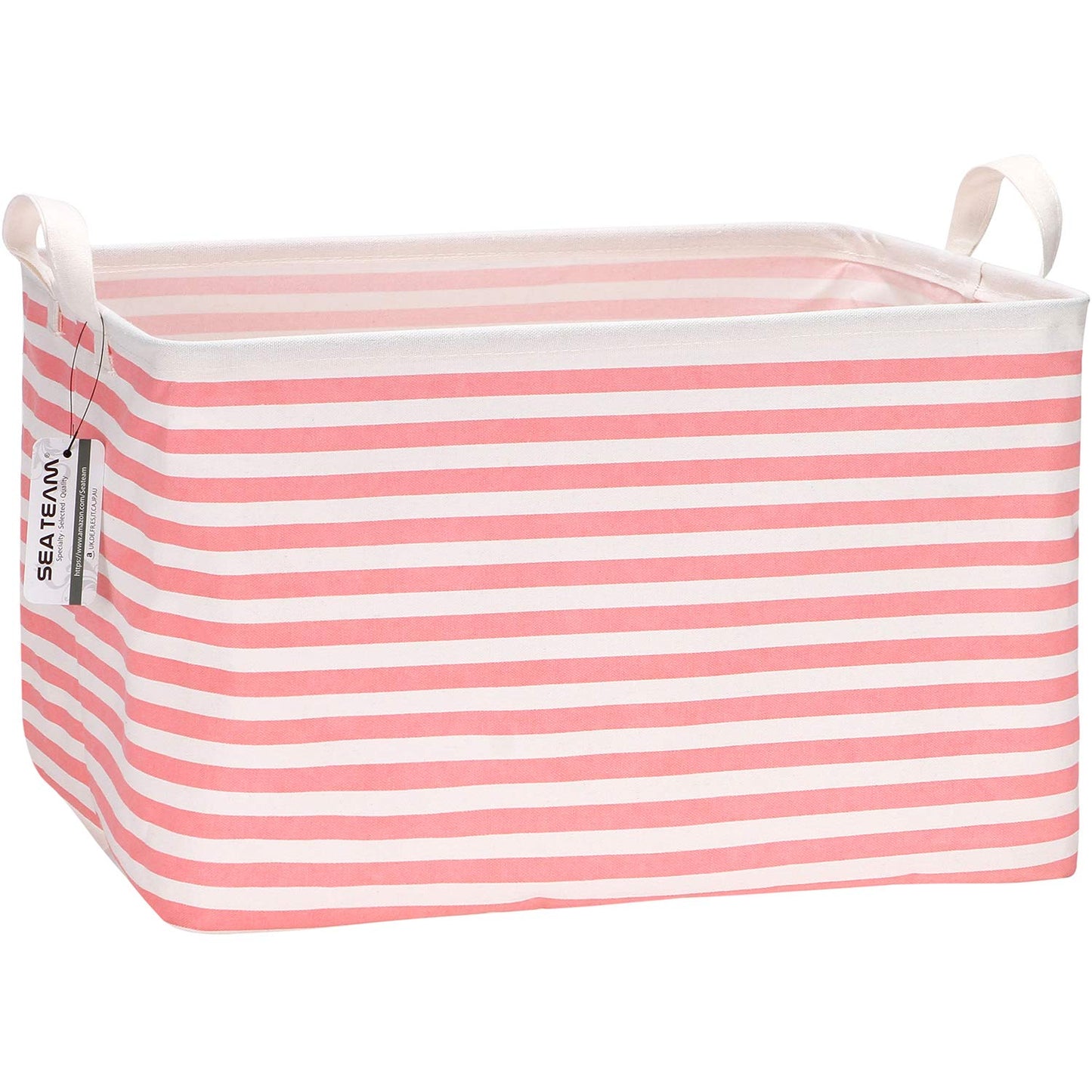 Sea Team Collapsible Canvas Fabric Storage Basket with Handles, Rectangle Waterproof Storage Bin, Box, Cube, Foldable Shelf Basket, Closet Organizer, 16.5 x 11.8 x 9.8 Inches, Pink Stripe