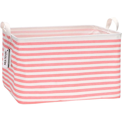 Sea Team Collapsible Canvas Fabric Storage Basket with Handles, Rectangle Waterproof Storage Bin, Box, Cube, Foldable Shelf Basket, Closet Organizer, 16.5 x 11.8 x 9.8 Inches, Pink Stripe