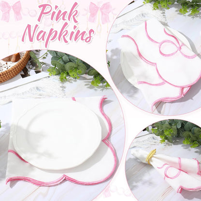 FYSUIMU 6 Packs Cloth Napkins Pink Embroidered Bow Napkin Scalloped Edge Reusable Washable Embroider Bowknot Table Napkins for Mother's Day Wedding Bridal Baby Shower Party Housewarming Gifts