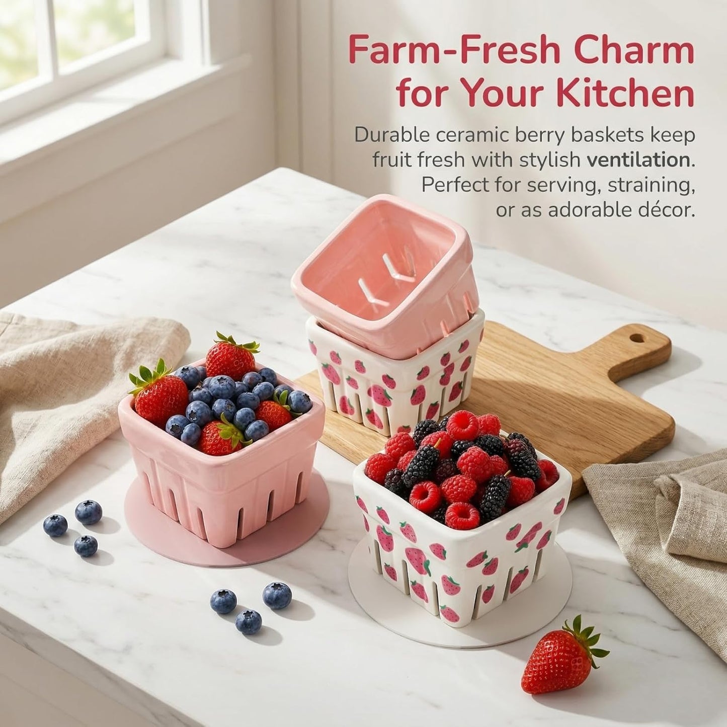 Pumtus 4 Pack Ceramic Berry Baskets, 4.7" Square Fruit Bowl with Holes & Pads, Pink White Fridge Berry Container, Decorative Strawberry Grape Cherry Colander, Fruit Crate Holder for Gift Kitchen