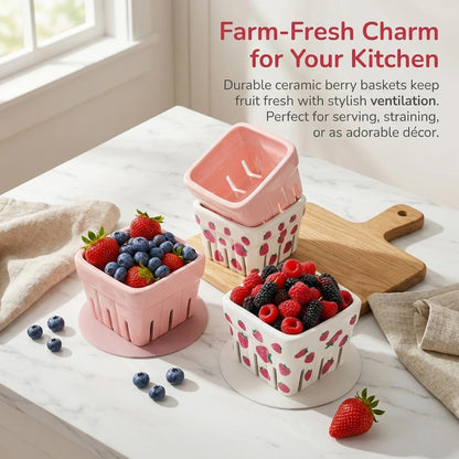 Pumtus 4 Pack Ceramic Berry Baskets, 4.7" Square Fruit Bowl with Holes & Pads, Pink White Fridge Berry Container, Decorative Strawberry Grape Cherry Colander, Fruit Crate Holder for Gift Kitchen