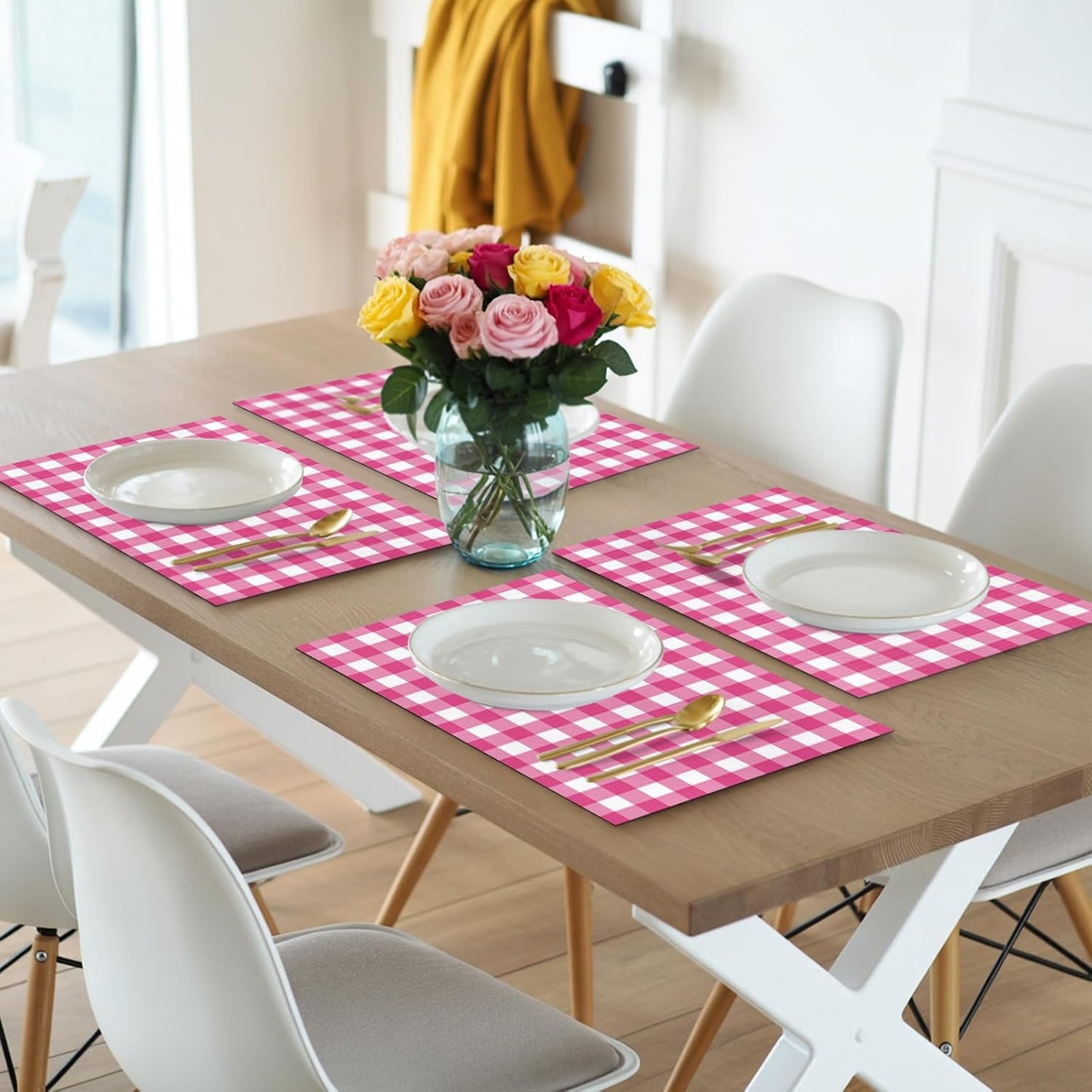 Peach Pink Checked Placemats Set of 4, Washable PVC Kitchen Table Mats Place Mats, Farmhouse Buffalo Plaid Country Grid Woven Vinyl Placemat for Dining Table, 13" x 19"