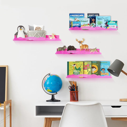 Rainbow Acrylic Floating Shelves, 15in Kids Wall Mounted Nursery Bookshelves, Display Ledge for Books Toys Cosmetic Storage, Bathroom Bedroom Living Room Wall Organizer, 4 Pack, Pink