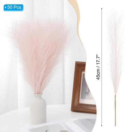 PATIKIL 17.7in Pampas Grass Decor, 50pcs Artificial Pampas Grass Bulk Fluffy Faux Pampas Grass Small Dried for Home Boho Decor Vase Wedding Wall Ground, Pink