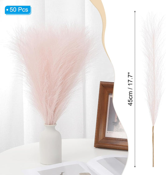 PATIKIL 17.7in Pampas Grass Decor, 50pcs Artificial Pampas Grass Bulk Fluffy Faux Pampas Grass Small Dried for Home Boho Decor Vase Wedding Wall Ground, Pink