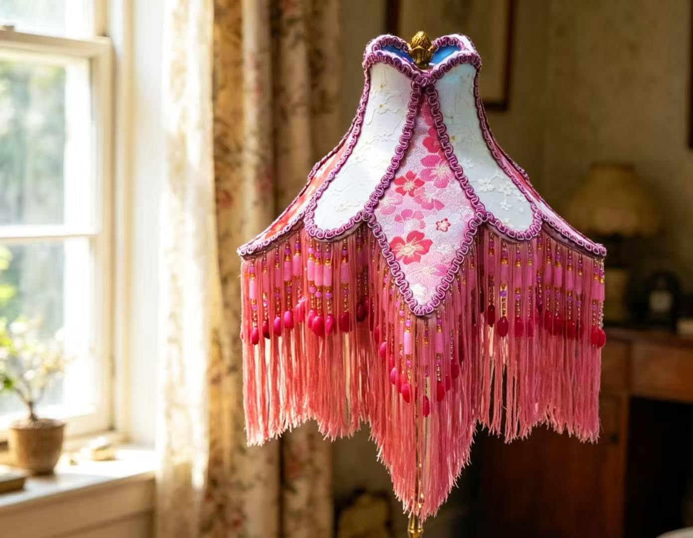 Shabby Chic Victorian Floor Lamp, Pink Cherry Floral Embroidered Lampshade with Tassel Fringe, Brass Stand, Beho Retro Style Living Room Lighting