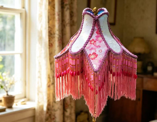Shabby Chic Victorian Floor Lamp, Pink Cherry Floral Embroidered Lampshade with Tassel Fringe, Brass Stand, Beho Retro Style Living Room Lighting