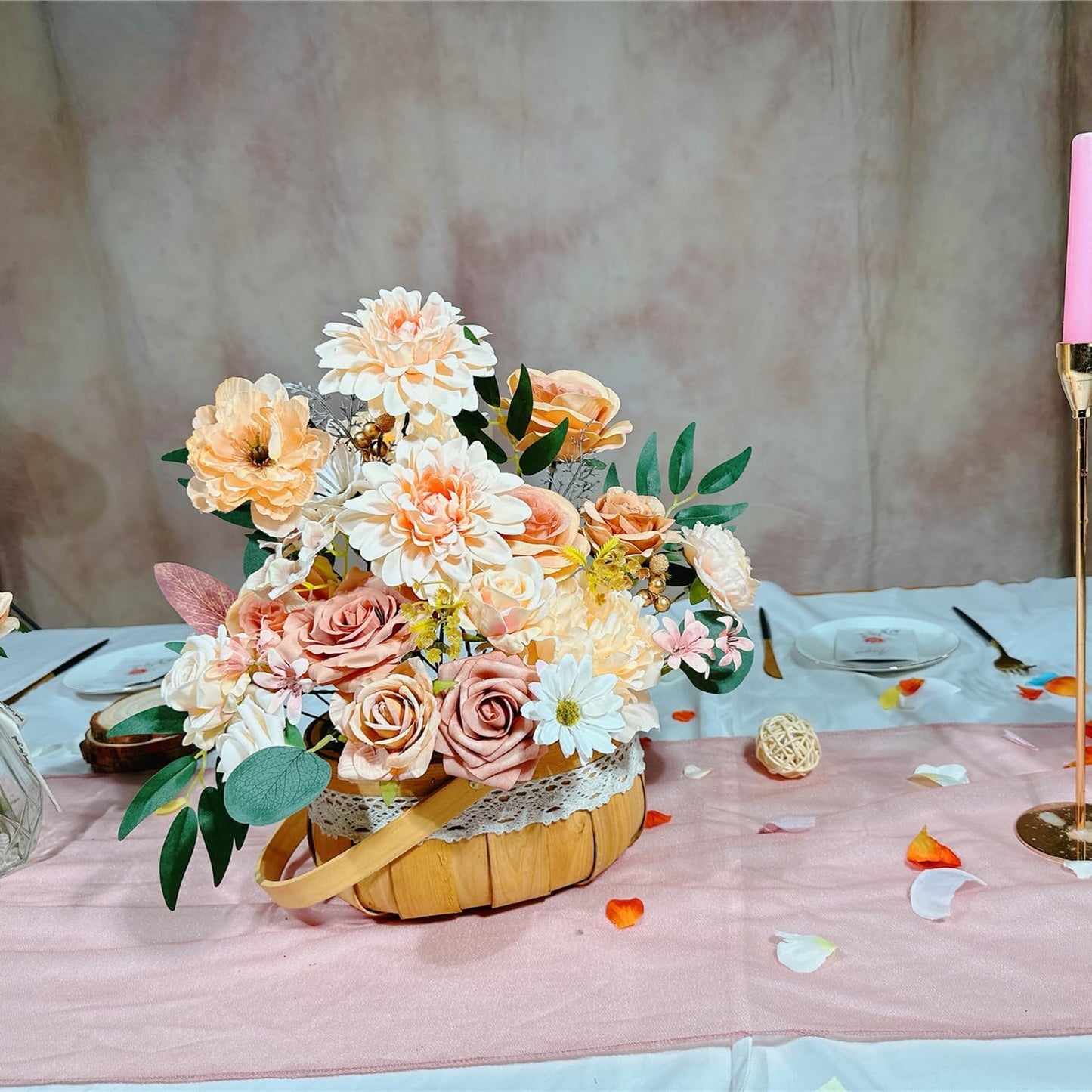 Artificial Flowers Combo Box Set 35pcs Silk Champagne Fake Rose, Peonies with Stem for DIY Wedding Cake Arch Bouquets Baby Bridal Shower Centerpieces Party Wall Home Decorations
