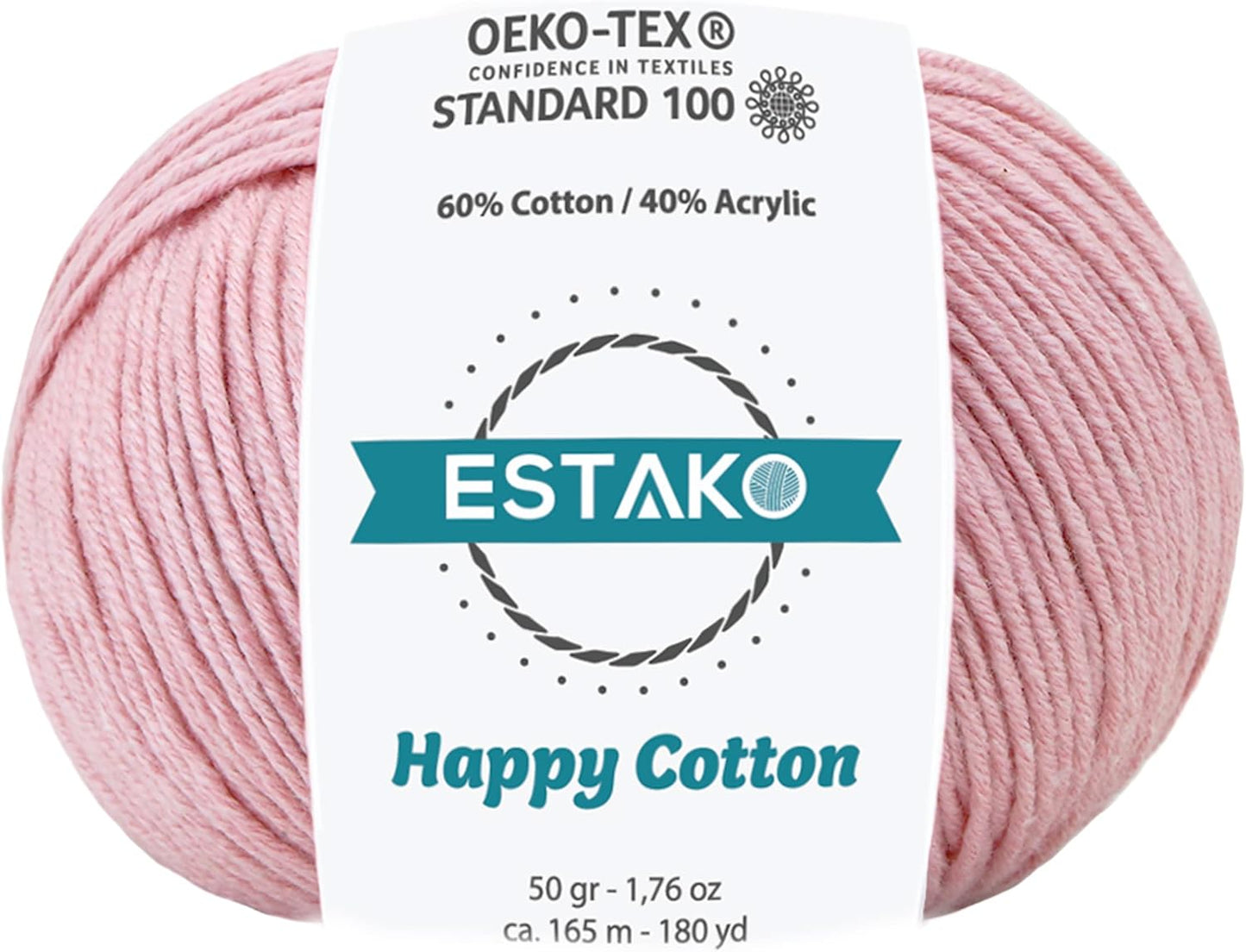 Estako Happy Cotton, 60% Cotton 40% Acrylic Yarn, Soft, Fine/Sport (2) for Crochet and Knitting 1.76 Oz (50g) / 180 Yrds (165m) (4310 - Baby Pink)