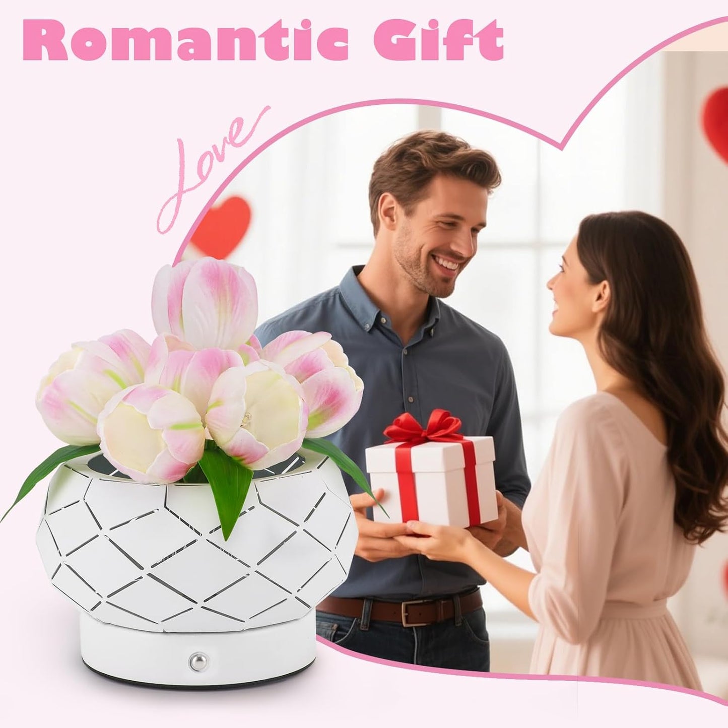 Tulip Flower Lamps, 3 Colors Dimmable Touch Lamp with Vase, USB Rechargeable LED Flower Lamp, Artificial Flower Bedside Lamp, Romantic Night Light with Tulip, Gifts for Mother Wife Girls (Pink Tulip)