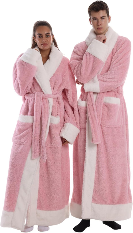 Capecage Bathrobe for Men Women, Long Flannel Soft Cozy One Size with Hood & Pockets, Warm Belted Housecoat for Spa Lounge