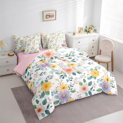 Erosebridal Floral 7 Piece Bedding Set Queen Peach Blossom Comforter Set with Sheets Colorful Flowers Hand Drawn Bed in a Bag Pink Black Botanical for Kids Girls Women