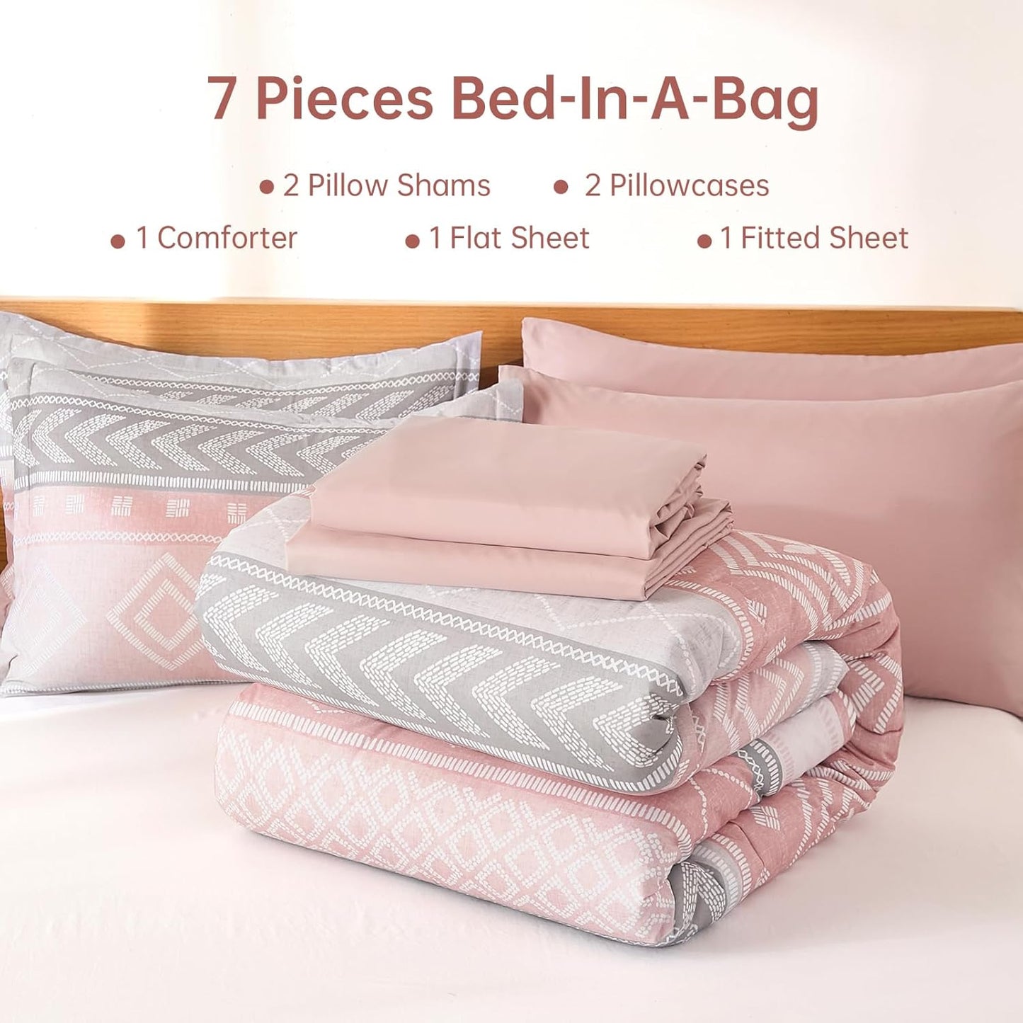 Yiran Comforter Set Queen Size, 7 Pieces Boho Aztec Bed in a Bag, Blush Pink Southwestern Bedding Sets for All Seasons, Lightweight Comforter Bed Set with Sheets, Pillowcases & Shams