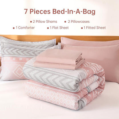 Yiran Comforter Set Queen Size, 7 Pieces Boho Aztec Bed in a Bag, Blush Pink Southwestern Bedding Sets for All Seasons, Lightweight Comforter Bed Set with Sheets, Pillowcases & Shams