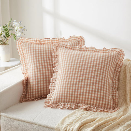 KKJIAF Ruffle Gingham Pillow Covers 20 x 20 Inches, Cotton Gingham Pillow Cases Set of 2, Linen Feel Ruffled Plaid Pillow Shams with Envelope Closure for Sofa Bed (Light Pink Plaid)