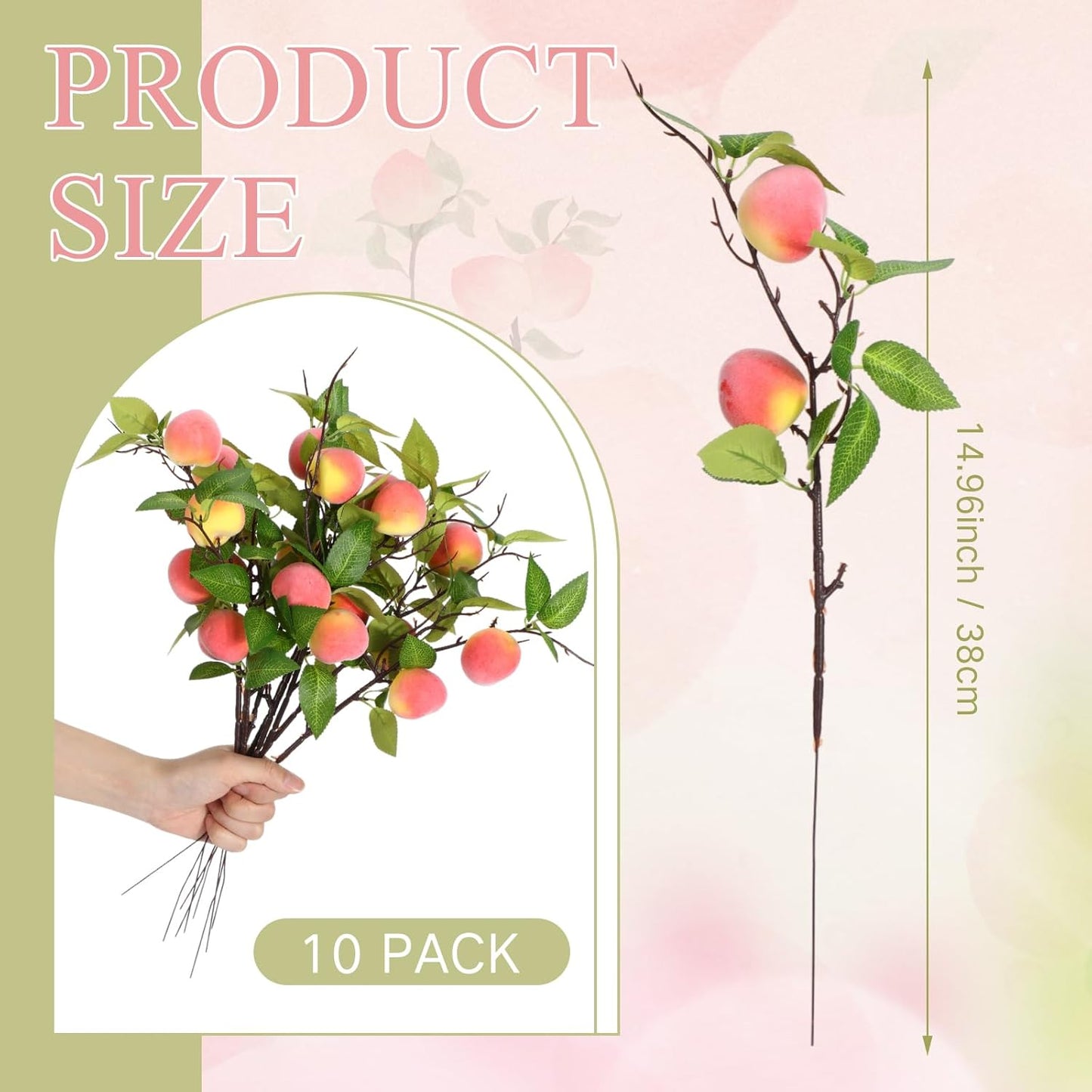 Daifunli 10 Pcs Artificial Peach Branches Realistic Artificial Peach Fruits with Green Leaves Simulation Branches Decoration for Vase Home Party Decoration (2 Peaches,14.96 Inch)