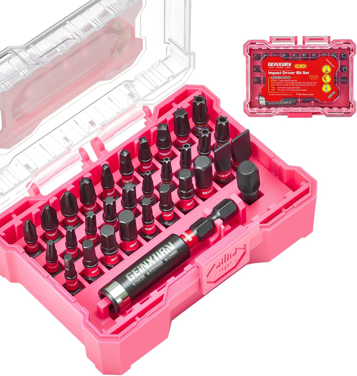 Geinxurn 32Pieces Impact Screwdriver Bits Set, S2 Steel Magnetic Phillips/Slotted/Square/Torx/Hex Muliti Insert Bits Tips Set with Impact Bit Holder and 1/4”Socket Adapter(Pink Storage Box Case)